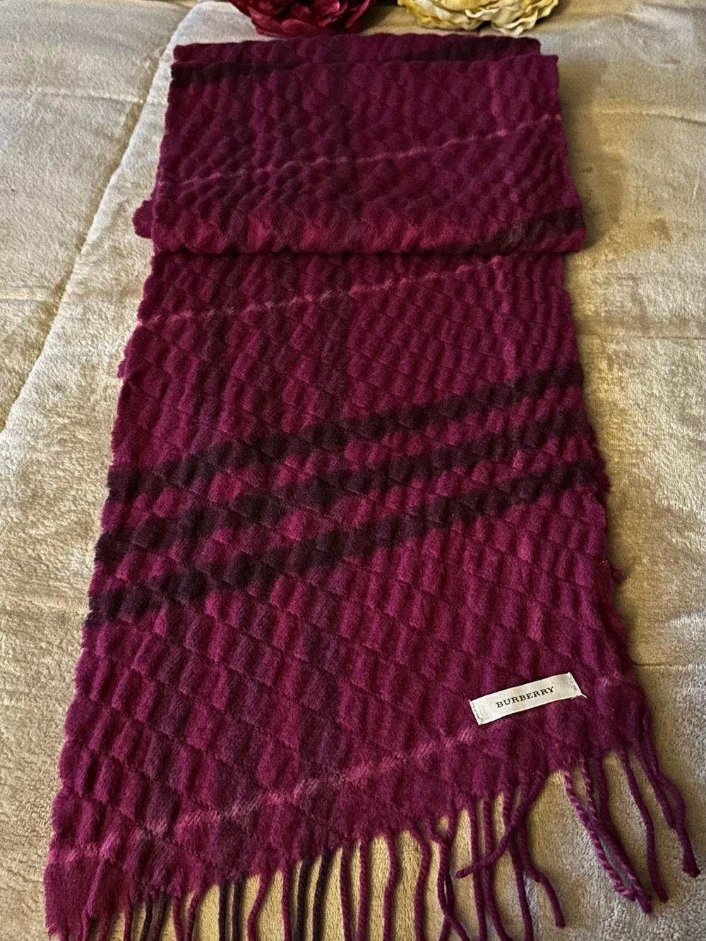 Rare Burberry Raspberry 50% Cashmere, 50% Wool Wool Scarf with Tonal Check